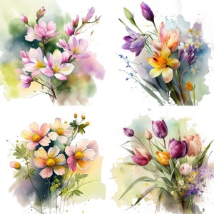 Frühling Blumenstrauß Aquarell Botanische Clipart Druck Set von 4 PNG Digital Download Floral Illustration Hochzeit Handwerk Collagen Vintage