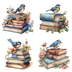 Shabby Chic Vintage Stacked Books & niebieski ptak clipart Natychmiastowe pobieranie cyfrowe akwarela clipart Romantyczny obraz domu Antyczny dom wiejski