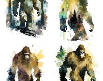 BigFoot Watercolor, Digital Downloads, sasquatch Clipart, Bigfoot PNG, Bigfoot wall art, Bigfoot prints, hiking shirt Sublimation set 2