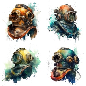 watercolor Old Dive Helmet Clipart set of 4 Scuba lover digital download files for mug, shirts and dive shop decor ideas diving gifts set 1