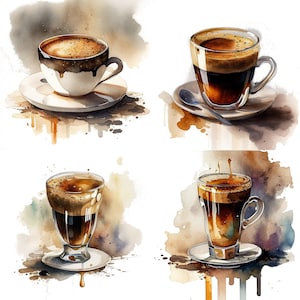 Conjunto de 4 bebidas de café expresso aquarela clipart | Xícara De Café PNG | Download Digital Sublimação de Café | Imagens de cafeteria para impressão V1