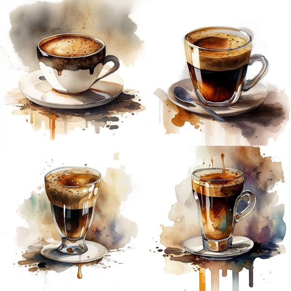 Set of 4 Espresso Coffee Drinks Watercolor Clipart | Coffee Cup PNG | Digital Download Coffee Sublimation | Printable Coffee Shop Images V1