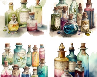 Watercolor Apothecary bottles Witches Potion Perfume Bottle Clipart set of 4 PNG Files Magical Mystical art Fantasy Witchcraft Potion Bundle