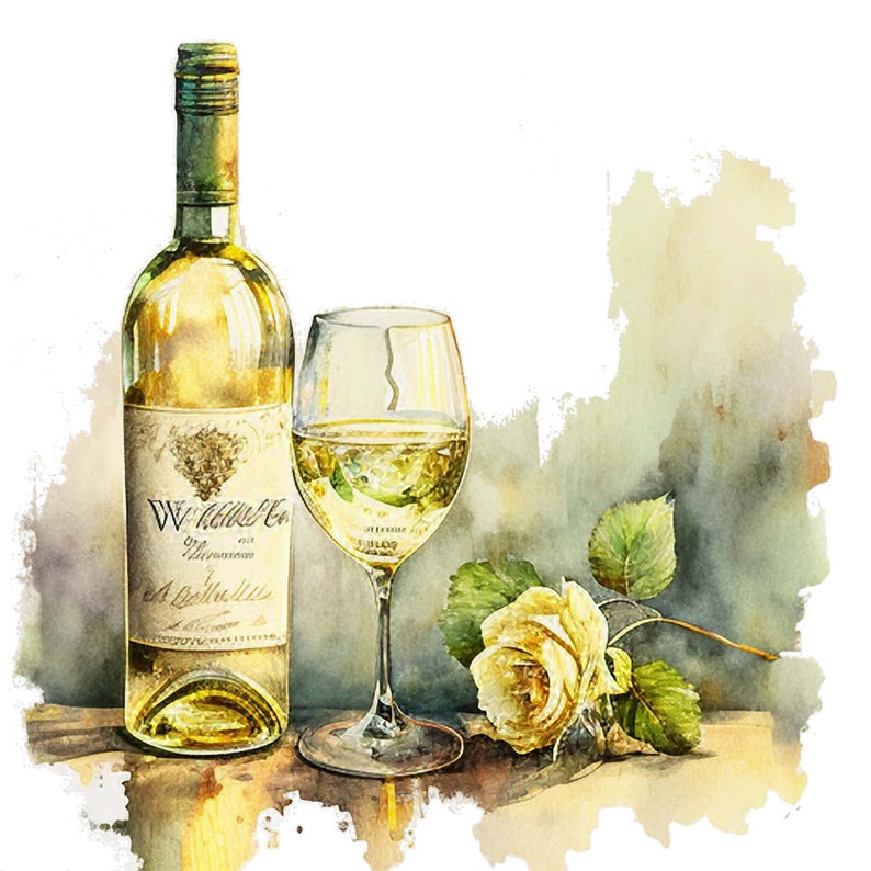 Peut inclure: Une peinture &agrave; l'aquarelle d'une bouteille de vin blanc, d'un verre de vin blanc et d'une rose jaune. La bouteille porte une &eacute;tiquette sur laquelle est inscrit "W. Kelleher & Co."