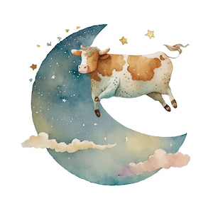 Watercolor Cow Jumping over the Moon Digital Download - Nursery Art Sublimation Set of 4 PNG Files Set 1