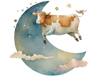 Watercolor Cow Jumping over the Moon Digital Download - Nursery Art Sublimation Set of 4 PNG Files Set 1