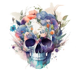 Puede incluir: Un cr&aacute;neo humano blanco con una corona floral de flores rosas, azules y moradas. El cr&aacute;neo est&aacute; pintado con lavados de acuarela azul y morado.