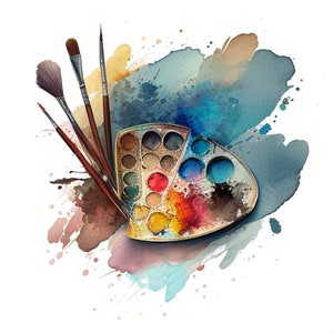 Watercolor Artist Palette Clipart Set of 4 PNG Files Painter Brushes Clipart Files for Stickers Art teacher Supplies Art class Download image 3