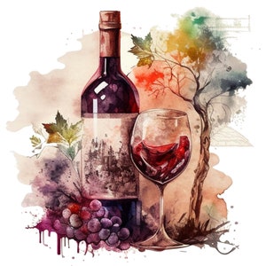 Watercolor Wine bottle and red wine glass clipart Wine PNG files wine tasting decor Bridal clipart, restaurant download pattern menu idea v2 image 2