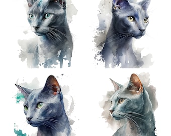 Aquarel Russische blauwe kat portret clipart set van 4 huisdier clipartbestanden voor mokken Kat graphics bundel illustraties kattenliefhebbers cadeau-ideeën