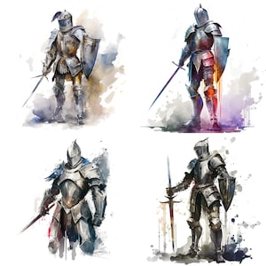 Set of 4 Medieval Knight watercolor clipart files Valiant Knight Images DnD player gift ideas fantasy role play mugs shirts downloadable V2