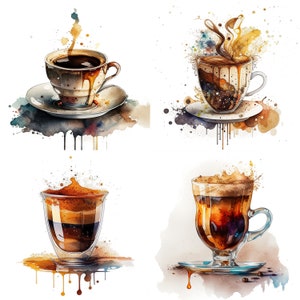 Conjunto de 4 bebidas de café expresso aquarela clipart | Xícara De Café PNG | Download Digital Sublimação de Café | Imagens de cafeteria para impressão V2
