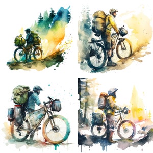 Bike packing watercolor Camping Clipart Set of 4 PNG Files Hiking Backpacking Art Digital Downloads Hydroflask Designs Stickers and Mugs V2