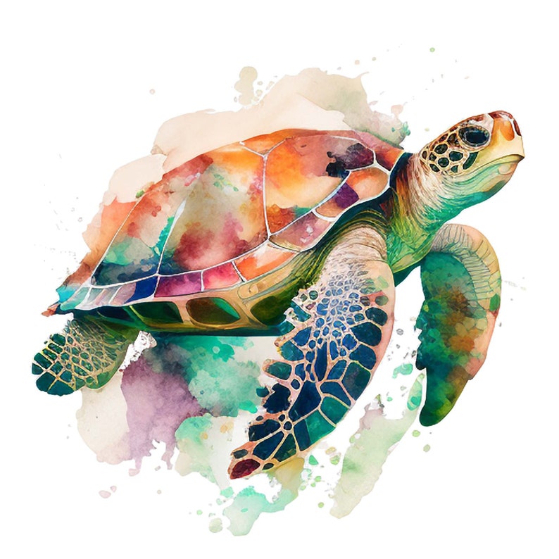 Peut inclure: Une peinture &agrave; l'aquarelle d'une tortue de mer avec une carapace color&eacute;e et un corps vert. La tortue nage dans un fond d'aquarelle bleu et vert.