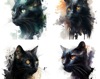 Black Cat portret clipart aquarel BLACK CAT set van 4 huisdier clipartbestanden kat voor mok kat graphics bundel kat illustraties kattenliefhebbers cadeau