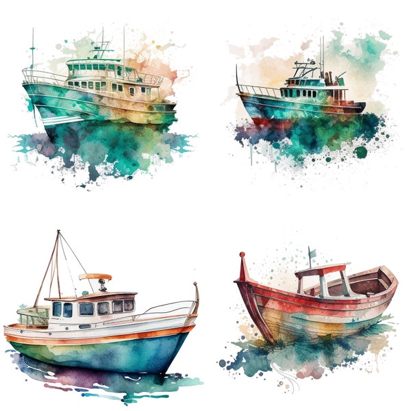 set of 4 Watercolor Fishing Boat, Fishing Boat Clipart Fishing Boat PNG Digital Download, Card Making, Sublimation, Scrapbooking, Journaling