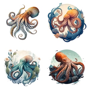 Octopus Watercolor Clipart Set of 4 - Printable Digital Download PNG for Sublimation Stickers, Hats, Mugs, and prints  V2