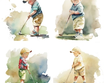 Watercolor Child Golfer Nursery Art Print Set of 4, Golf Themed Decor, PNG Digital Download Files for Future Golf Pro, Dad Gift Idea set 2