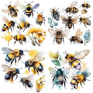 May include: Watercolor painting of various bees in different poses. The bees are painted in shades of yellow, brown, and black. The bees are surrounded by watercolor flowers and leaves.