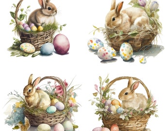 Watercolor Easter Bunny Easter Basket Set of 4 Clipart PNG Files - Sublimation Rabbit Spring Digital Download nursery decor set 2