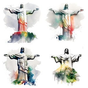 Acuarela Cristo el Redentor Clipart PNG conjunto de 4 archivos Brasil Río de Janeiro Paquete de sublimación de viajes Descarga digital Uso comercial