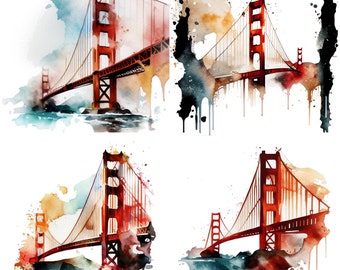 Set of 4 watercolor Golden Gate Bridge clipart PNG digital download files for sublimation wall art Bay Area prints mugs, t-shirts and decor