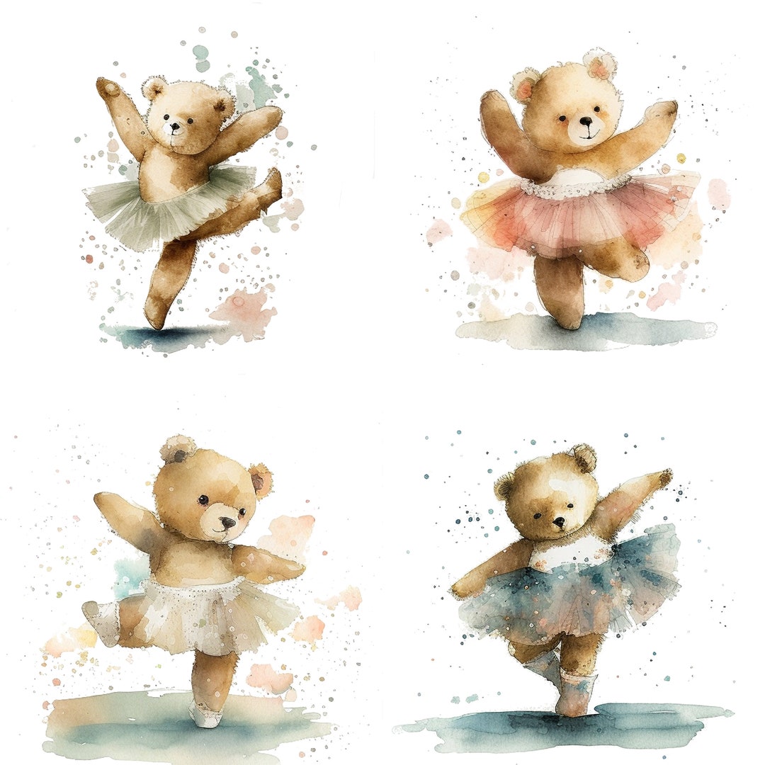 Set of 4 Watercolor Teddy Bear Ballerina Clipart Watercolor Teddy Bear ...