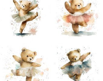 Set of 4 watercolor teddy bear Ballerina clipart watercolor teddy bear Dancing Bear PNG nursery clipart baby shower, ballerina girl set 2