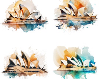 Clipart ad acquerello dell'Opera House di Sydney - Set di 4 PNG digitali da scaricare per sublimazione, decorazioni murali, tazze, magliette e regali