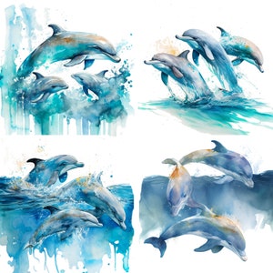 Watercolor Dolphins Digital Download Clipart - Dolphins Sublimation Designs, and Wall Art in PNG Format Jumping Dolphins Beach Life Set of 4