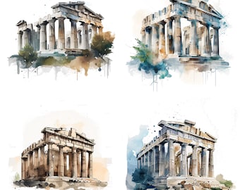 Set of 4 watercolor Parthenon clipart PNG digital download files sublimation wall Greek Mythology art prints mugs t-shirts and gift decor