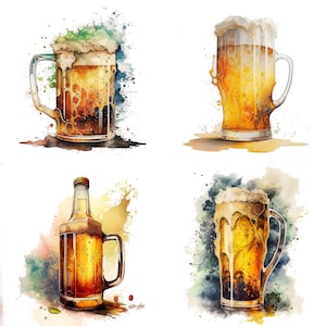 Watercolor Beer Clipart Set of 4 digital png beer files cold glass of beer graphics for instant download micro brewery menu ideas images