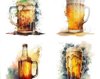 Conjunto de 4 imágenes prediseñadas de cerveza en acuarela, archivos PNG digitales de cerveza, gráficos de vasos de cerveza fría para descarga instantánea, ideas para menús de microcervecerías