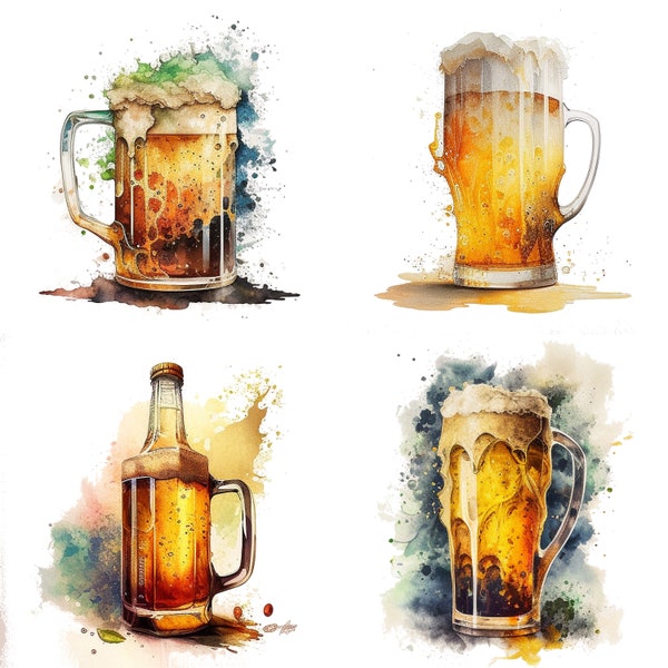 Watercolor Beer Clipart Set of 4 digital png beer files cold glass of beer graphics for instant download micro brewery menu ideas images