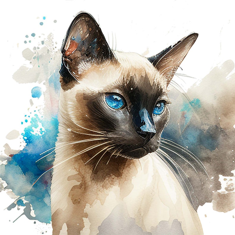 Op de afbeelding: Een aquarel schilderij van een Siamese kat met blauwe ogen. De kat kijkt naar rechts van het frame. De achtergrond is een lichtblauwe aquarel was.