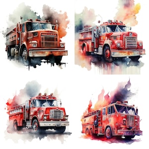 Watercolor Fire Truck Illustration, Fire Truck PNG Clipart, 4 Fireman Fire Truck PNG files, Emergency Vehicles, Fire Truck Watercolor V2