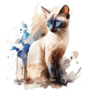 Op de afbeelding: Een aquarel schilderij van een Siamese kat met blauwe ogen. De kat zit op een bruine en blauwe aquarel achtergrond.