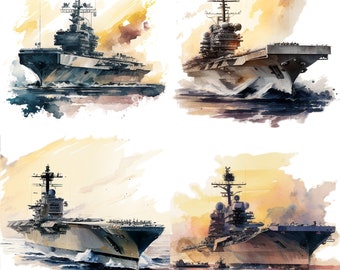 Watercolor Aircraft carrier digital download military Veteran Day Gift idea sublimation art for DTG or POD set of 4 PNG clipart files set 2