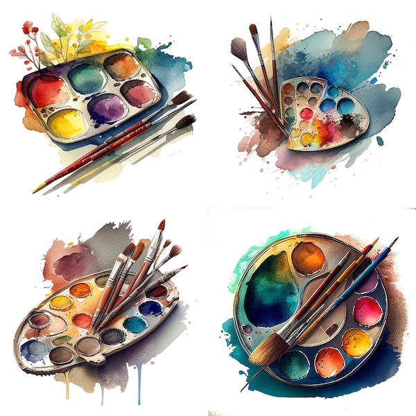 Watercolor Artist Palette Clipart Set of 4 PNG Files Painter Brushes Clipart Files for Stickers Art teacher Supplies Art class Download