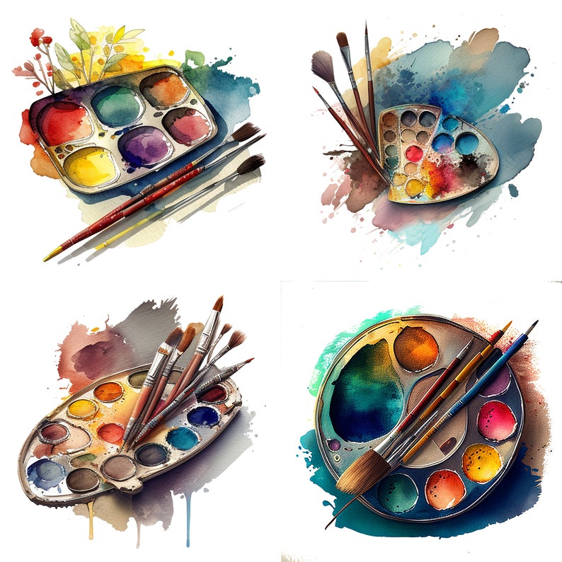 Watercolor Artist Palette Clipart Set of 4 PNG Files Painter Brushes Clipart Files for Stickers Art teacher Supplies Art class Download image 1