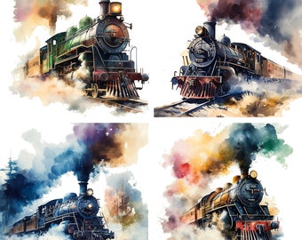 Set of 4 Watercolor Steam Trains, Train Sublimation Steam Engine Choo Choo Train PNG, Watercolor clipart digital download train lover art V1