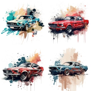 Set of 4 Watercolor Mustang PNG, Muscle Car Illustration, Classic Car Hot Rod Sublimation for Shirts, Tumblers, Mugs, Wall Art set 2