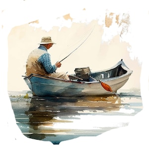 Set of 4 Watercolor Fishing Clipart - Father&#39;s Day Fishing, Summer, Camping, Travel - Digital Download art ,Transparent PNG Files