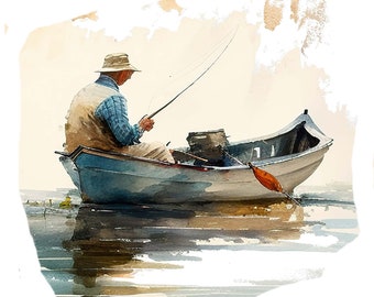 Set of 4 Watercolor Fishing Clipart - Father's Day Fishing, Summer, Camping, Travel - Digital Download art ,Transparent PNG Files