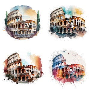 Watercolor Colosseum Clipart, Set of 4 PNG Files for Commercial Use, Rome Clipart, Italy Travel Scrapbooking, Tourist shirts Souvenirs set 2
