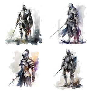 Set of 4 Medieval Knight watercolor clipart files Valiant Knight Images DnD player gift ideas fantasy role play mugs shirts downloadable V1