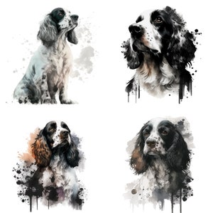 Cocker Spaniel Watercolor Pet Portrait Clipart Set - Black & white dog lover PNG Download for Stickers, Mugs, and T-Shirts - Canine Art