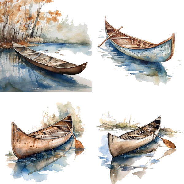 Canoe Watercolor Clipart Set of 4 PNG Files for canoeing Hiking Backpacking Art Digital Downloads kayak Designs Stickers and Mugs backpacks