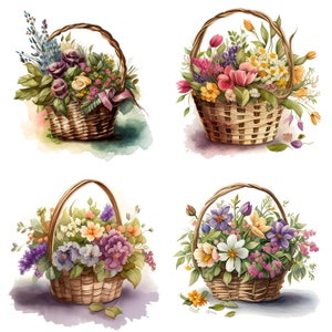 水彩画の母の日の花のバスケット 4 個セット クリップアート PNG ファイル 昇華母の日カード 春 デジタルダウンロード 花の装飾プリント 1