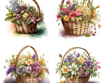 Watercolor Mothers day flower Basket Set of 4 Clipart PNG Files Sublimation mothers day cards Spring Digital Download floral decor prints 1